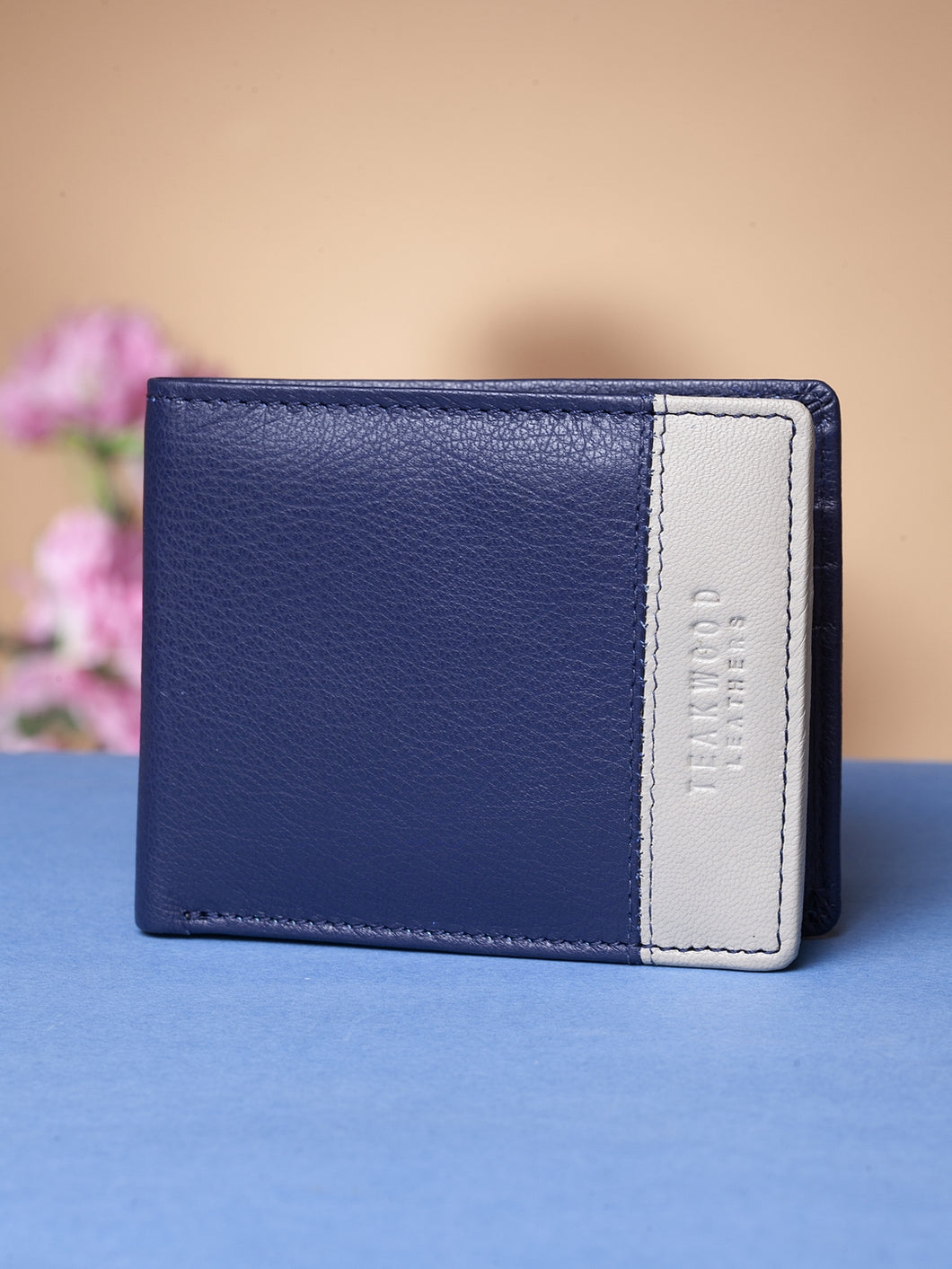 Teakwood Men Genuine Leather Bi Fold Wallet (Blue)