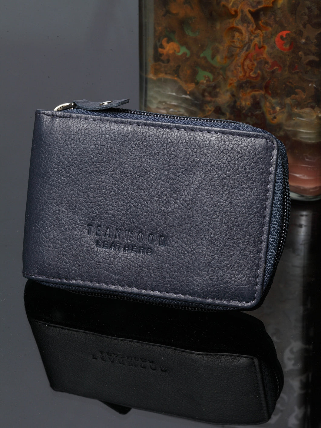 Teakwood Men Genuine Leather Bi Fold Zip Closure Wallet (Blue)