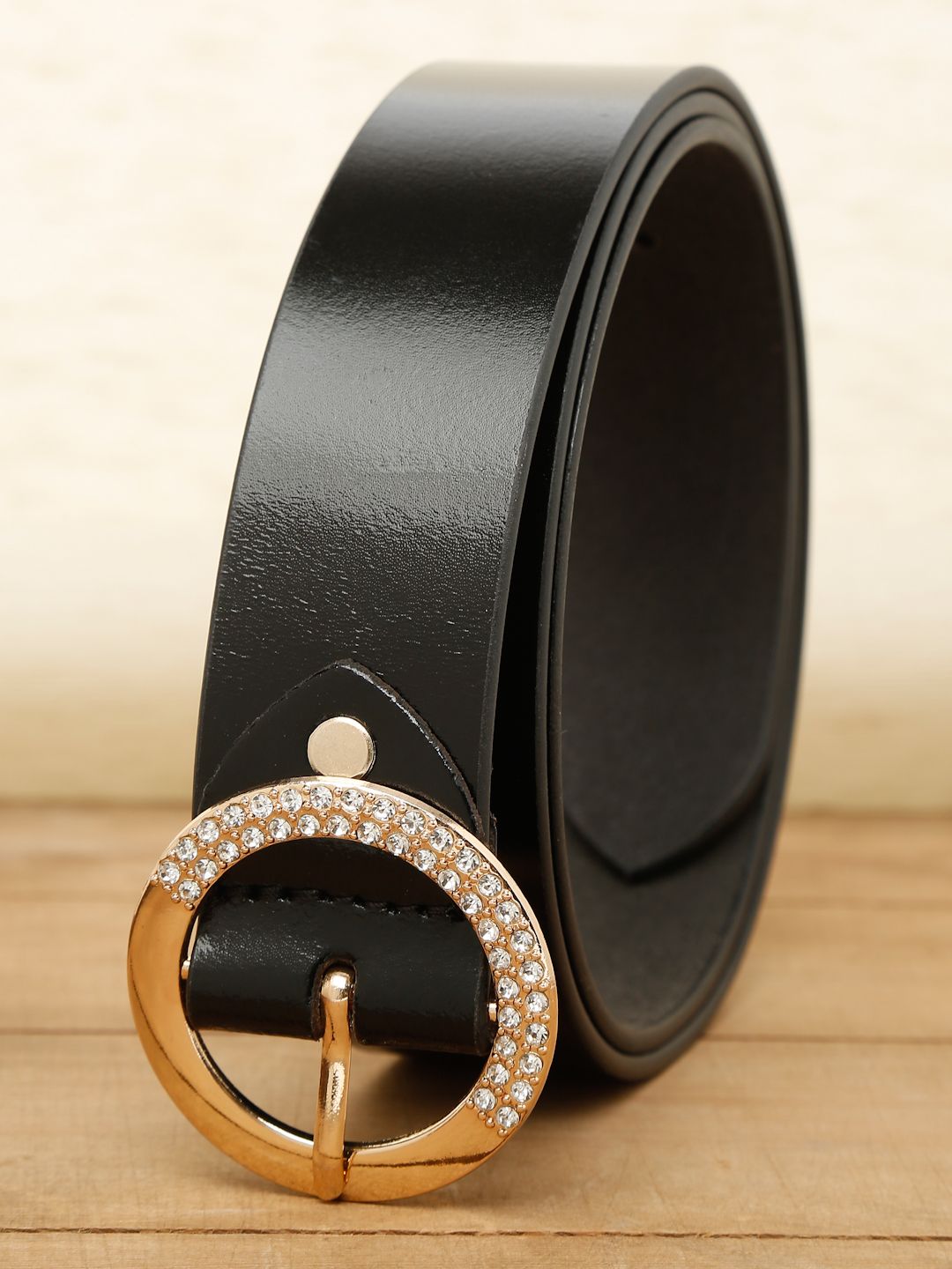 Women Black Solid Gold-Toned Buckle Genuine Leather Belt (One Size)