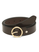 Load image into Gallery viewer, Teakwood Genuine Brown Leather Belt Round Gold Tone Buckle
