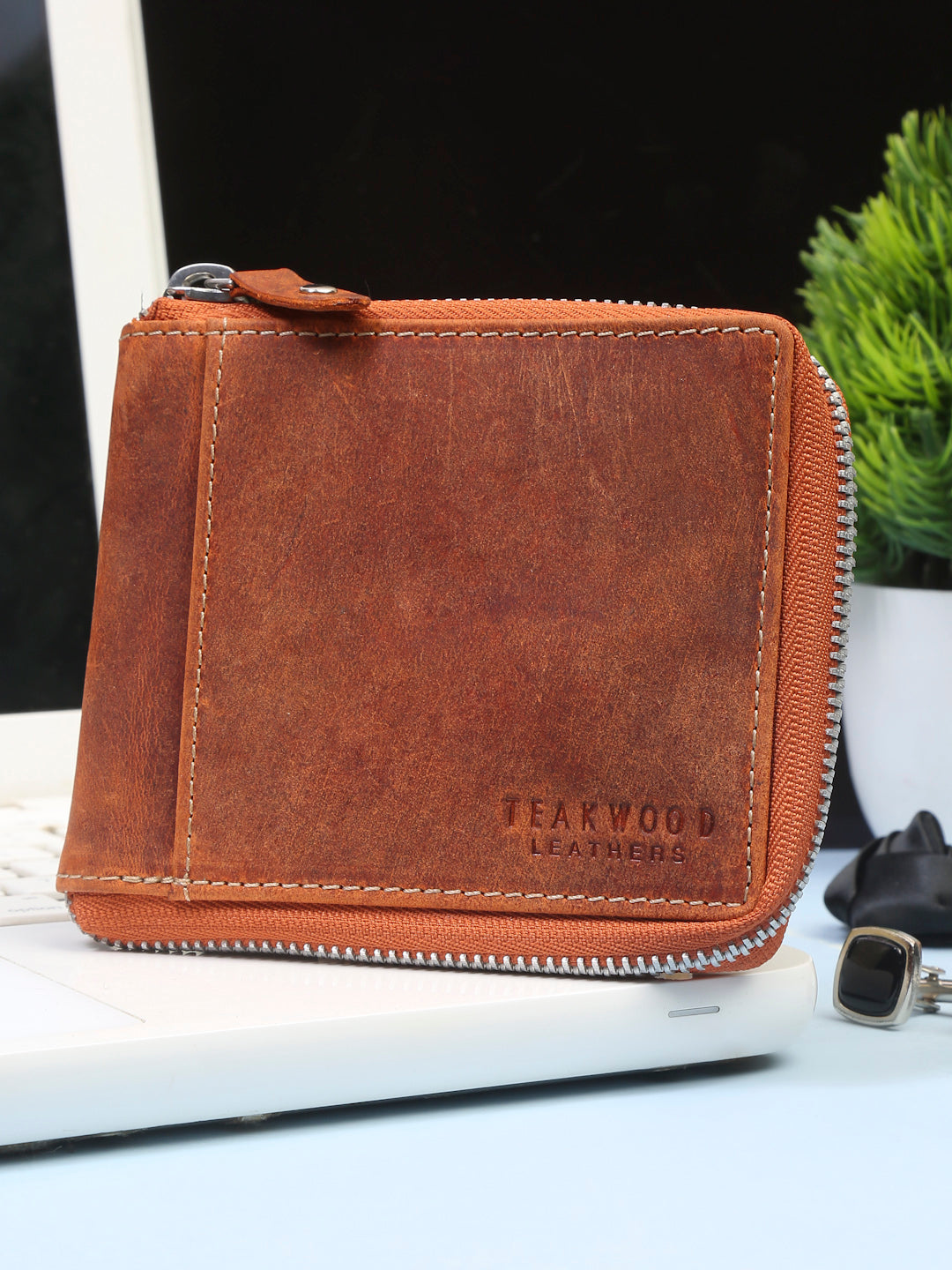 Teakwood Genuine Leathers Men Orange Solid Zip Around Wallet Clearance  sale