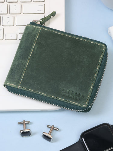 Teakwood Genuine Leathers Men Green Solid Zip Around Wallet