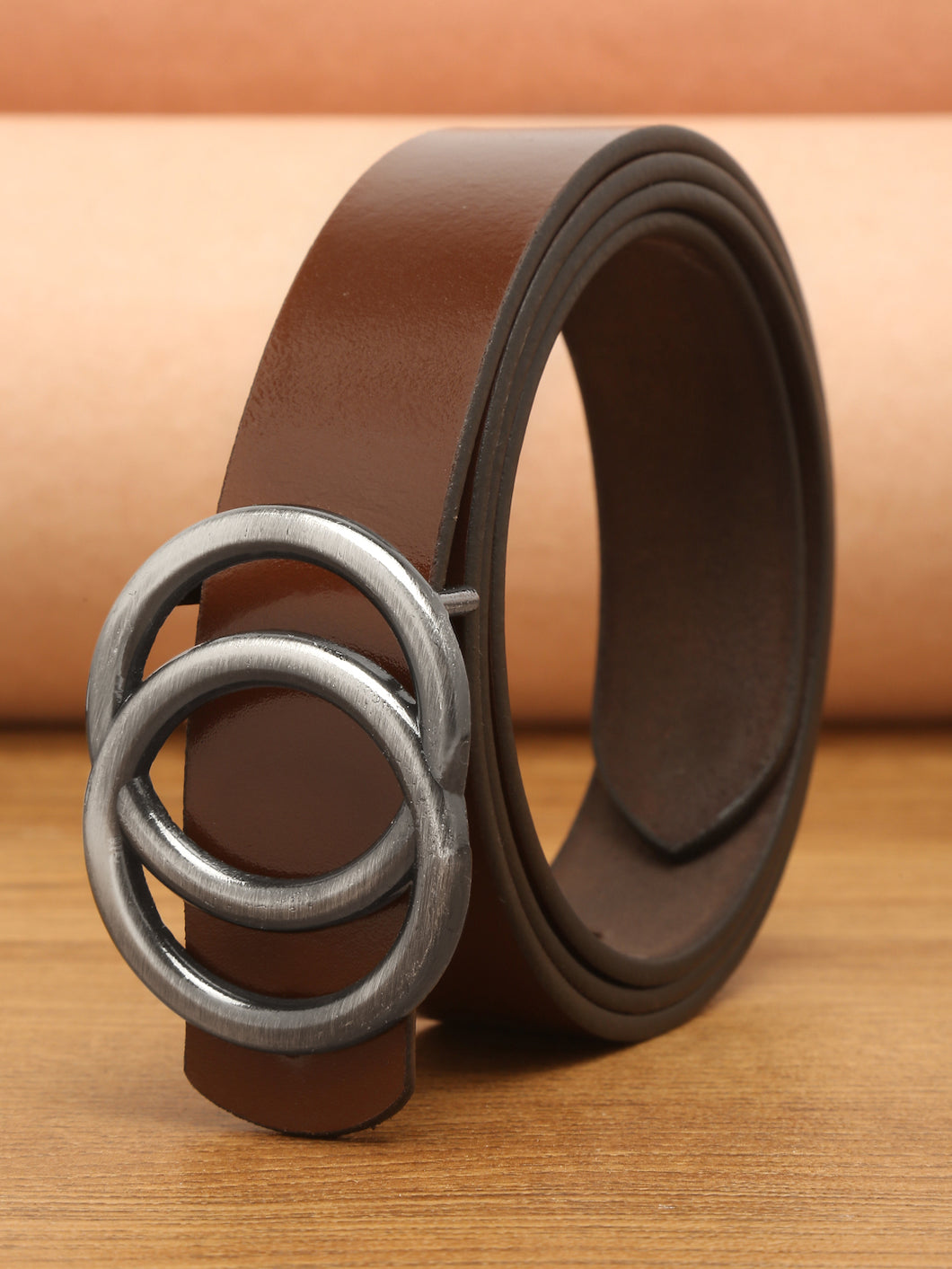 Teakwood Genuine Brown Leather Belt Round Silver Tone Buckle