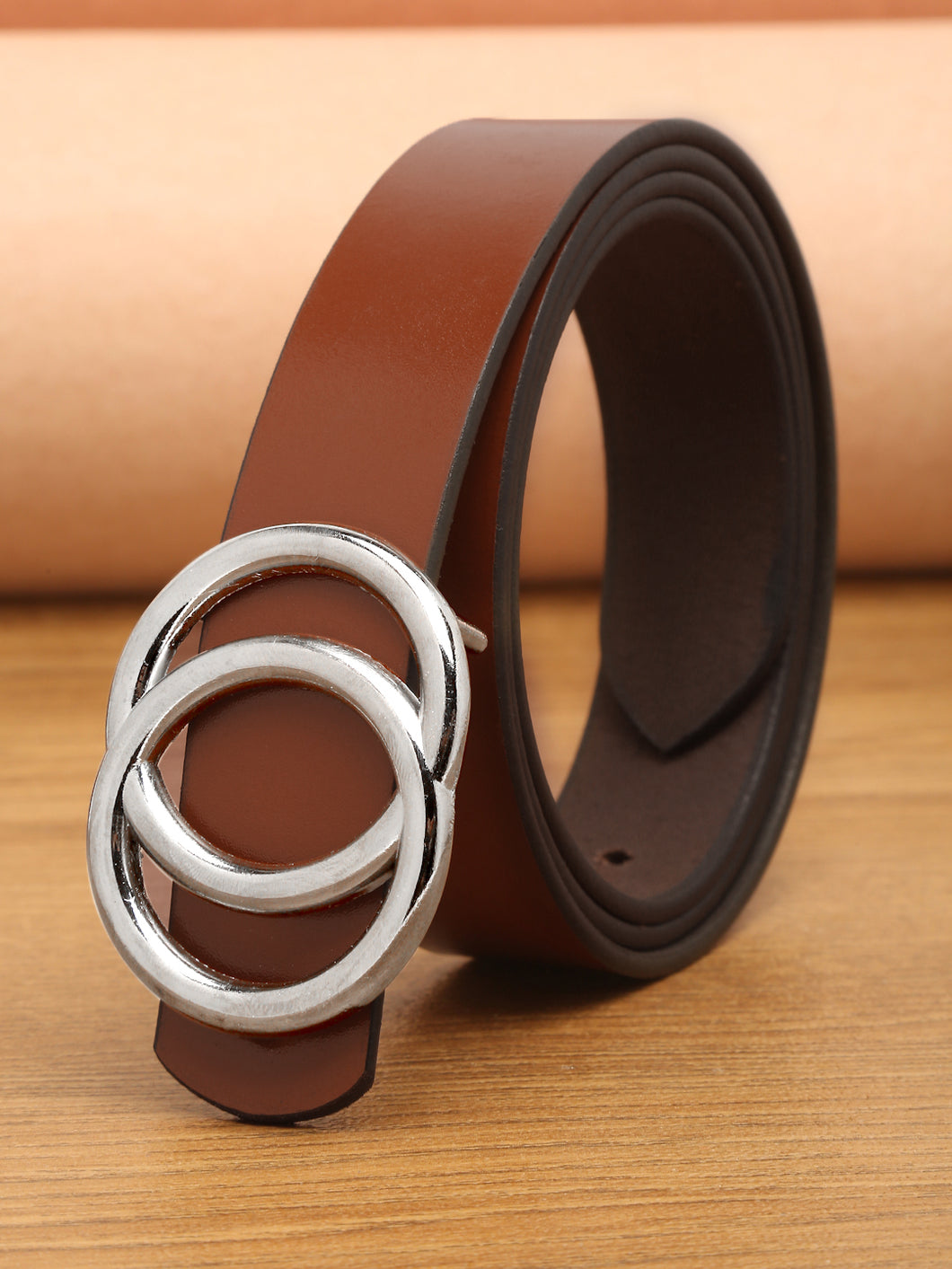 Teakwood Genuine Tan Leather Belt Round Silver Tone Buckle