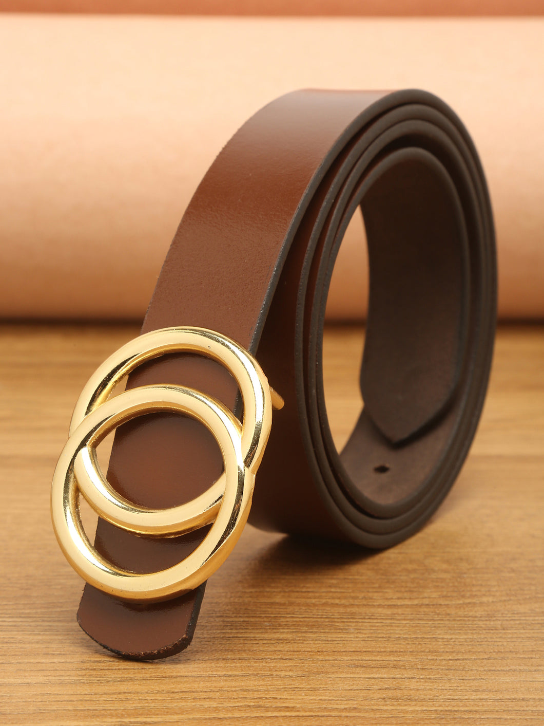 Teakwood Genuine Brown Leather Belt Round Gold Tone Buckle