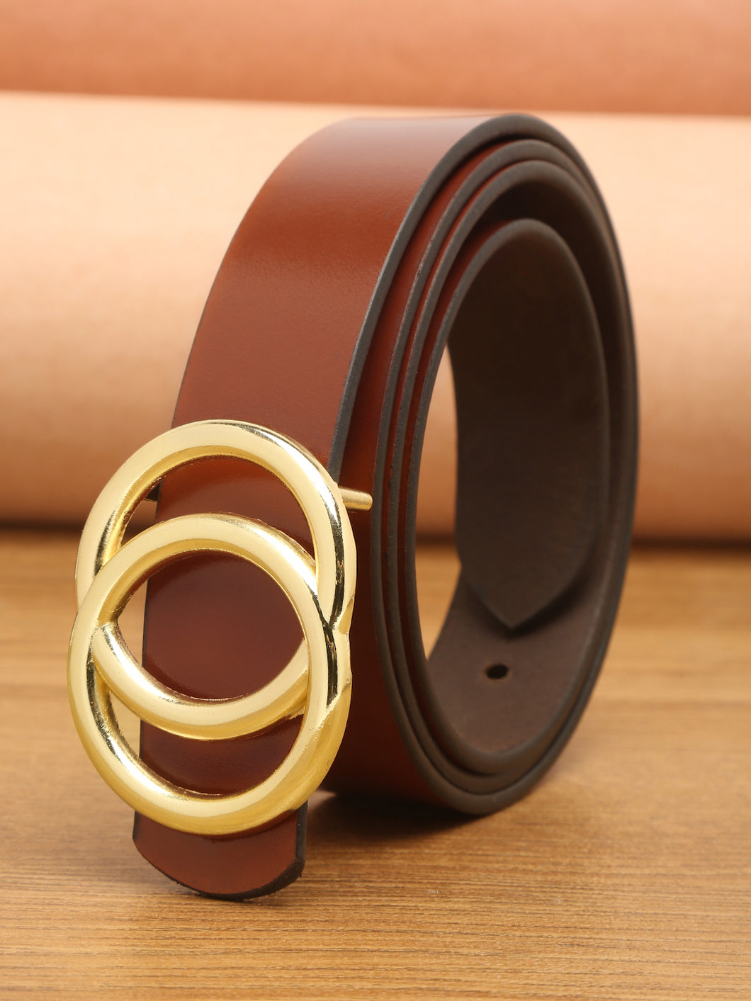 Teakwood Genuine Tan Leather Belt Round Gold Tone Buckle
