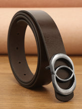 Load image into Gallery viewer, Teakwood Genuine Brown Leather Belt Round Silver Tone Buckle
