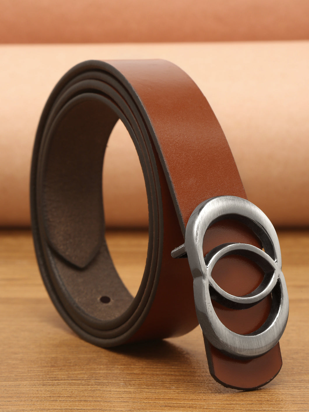 Teakwood Genuine Tan Leather Belt Round Silver Tone Buckle