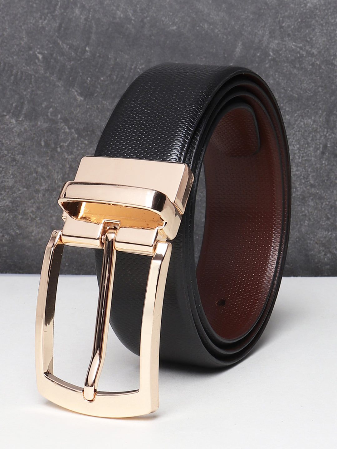 Men Black Brown Texture Reversible Leather Belt