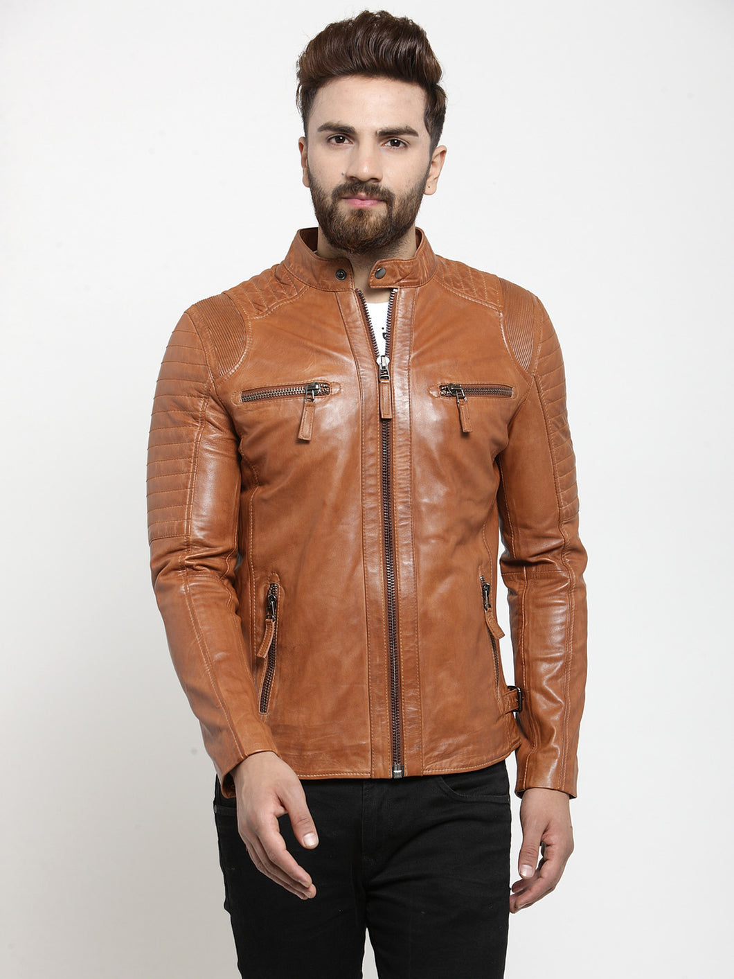 Teakwood Leathers Beige/Dark Mustard Men's 100% Genuine Leather Jacket