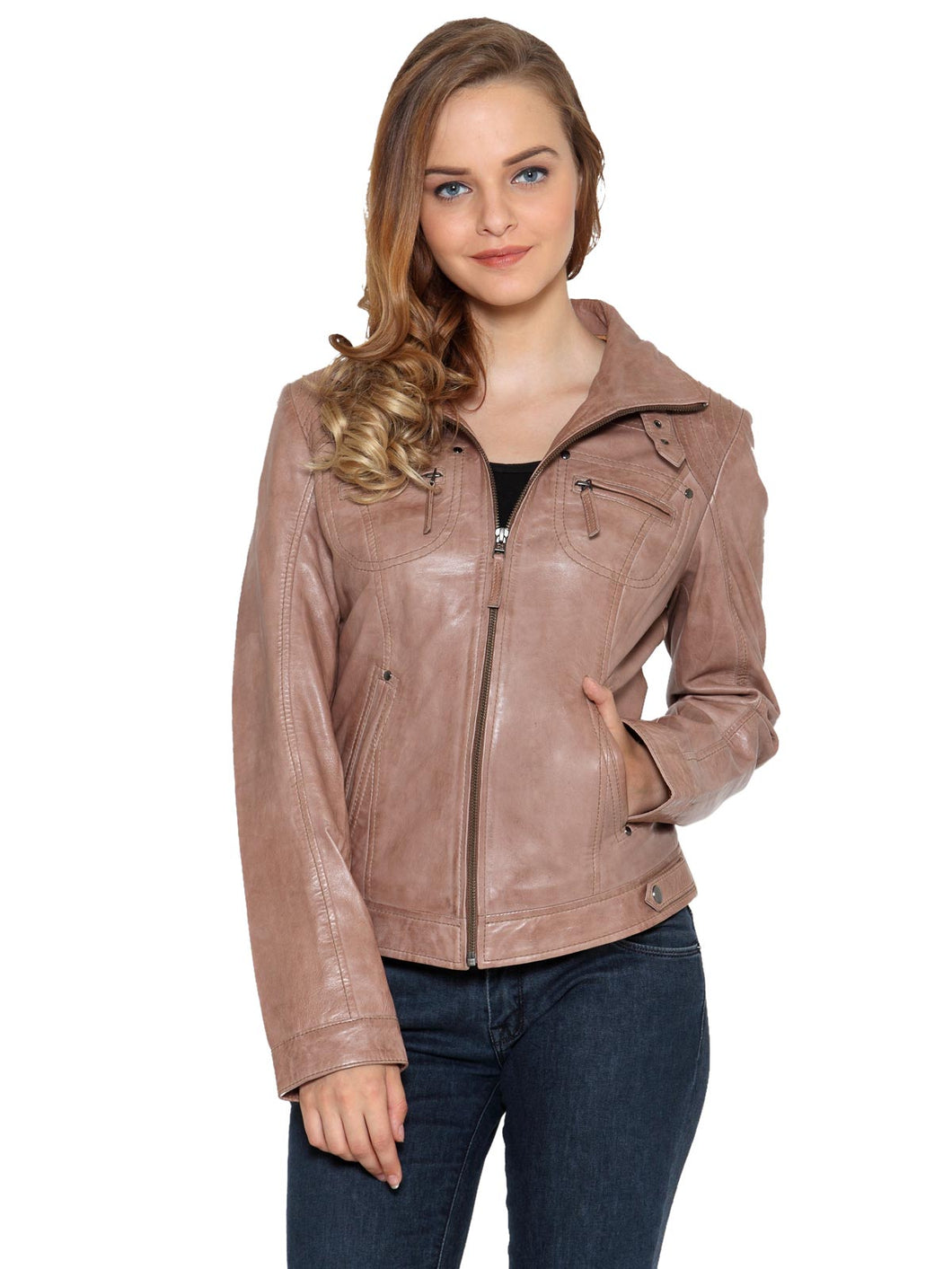 Teakwood Beige Women Genuine Leather Jacket