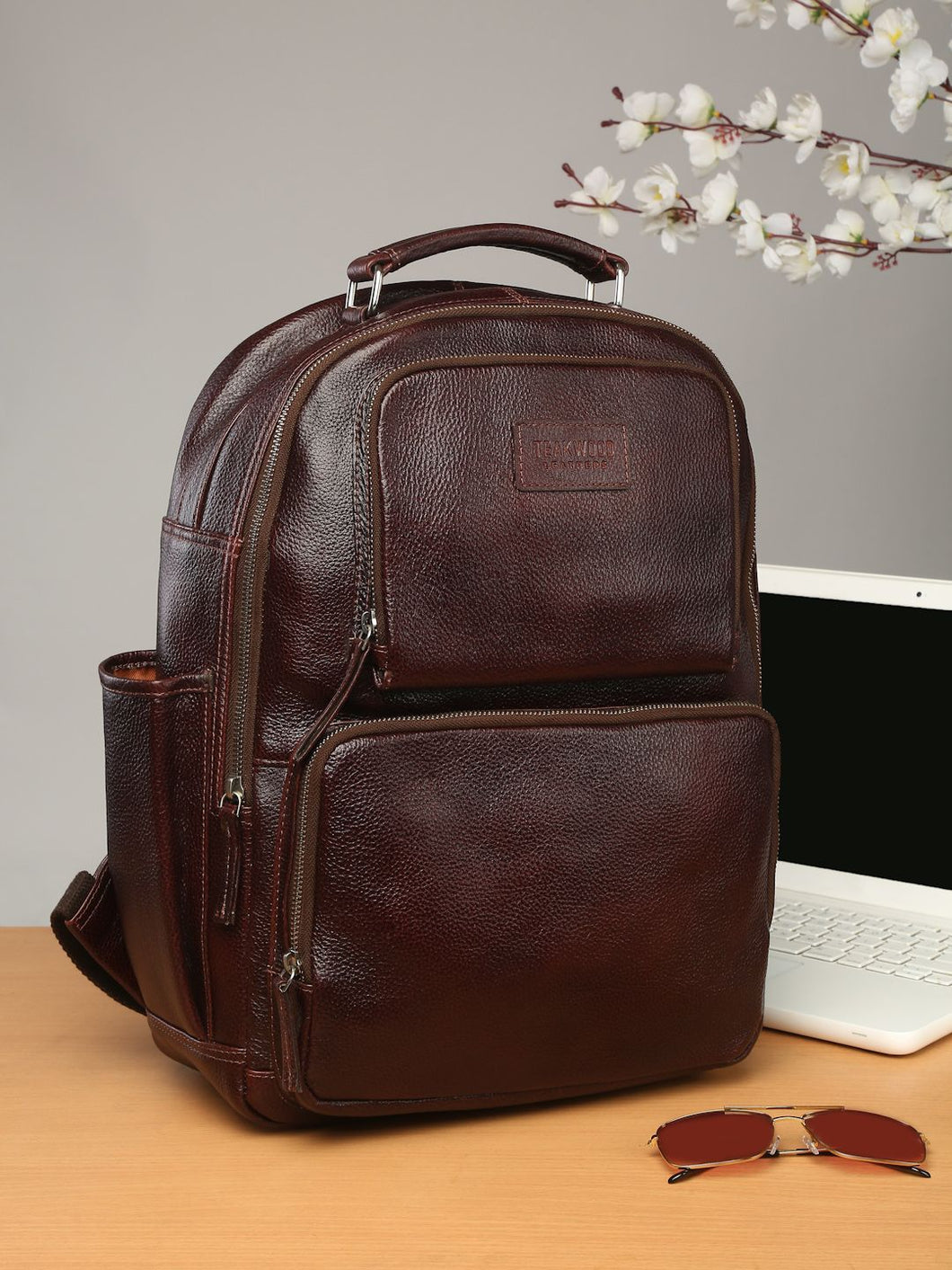 Teakwood Unisex Genuine Leather Dark Brown Solid Backpack||Unisex Laptop Bag/Backpack
