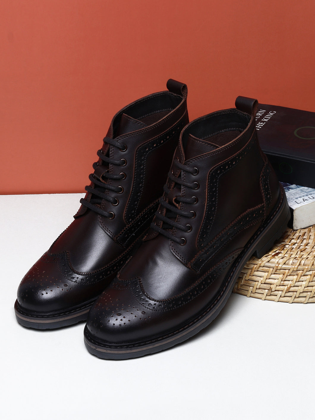 Men Brown Solid Leather Round Toe Mid-Top Flat Boots