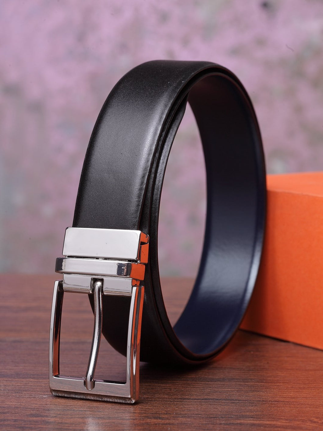 Teakwood Men Genuine Leather Black & Blue Solid Reversible Belt
