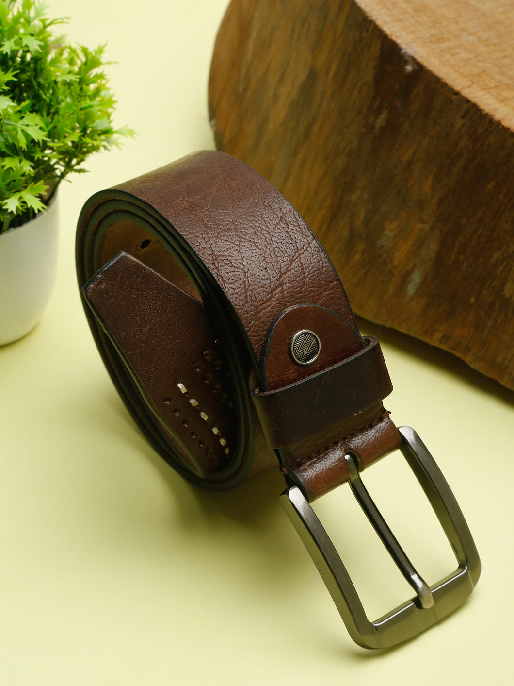 Men Brown Textured Genuine Leather Belt