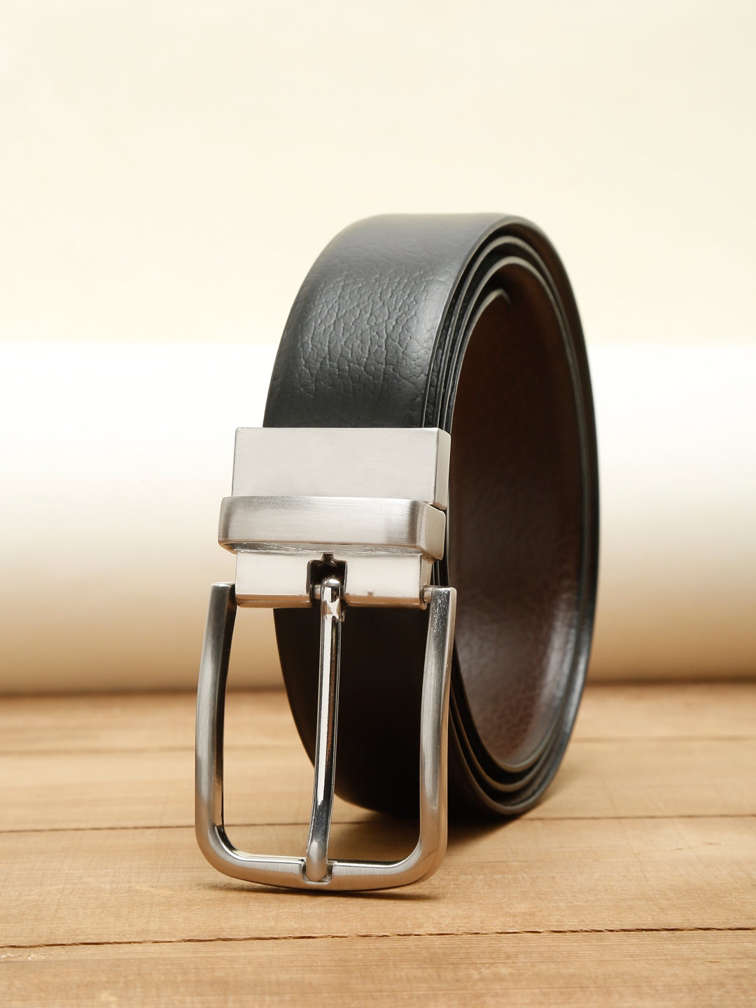 Men Black Textured Genuine Leather Reversible Belt Teakwood Leathers