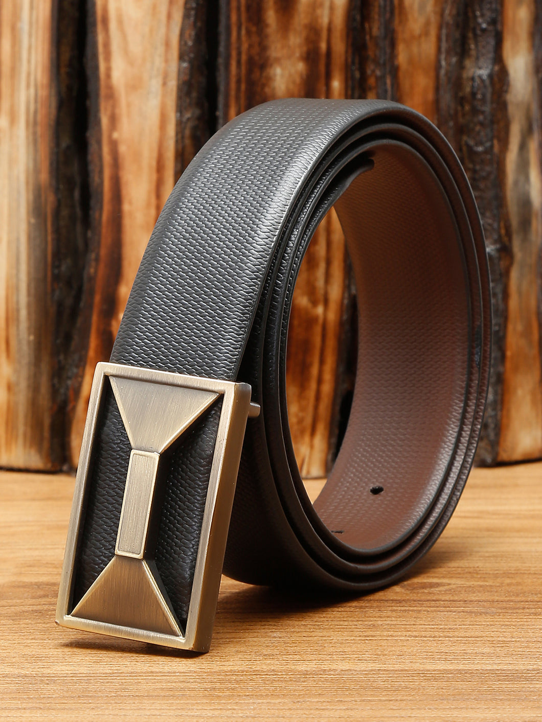 Men Black Textured Genuine Leather Reversible Belt