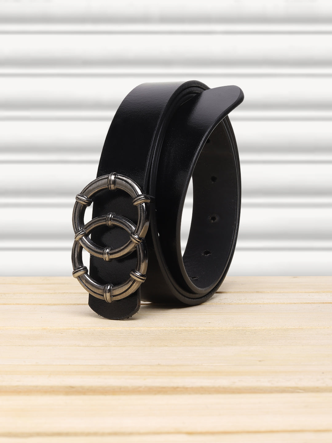 Teakwood Genuine Black Leather Belt Round Shape Black Tone Buckle One Teakwood Leathers
