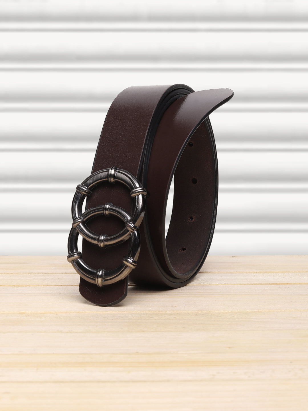 Teakwood Genuine Brown Leather Belt Round Shape Black Tone