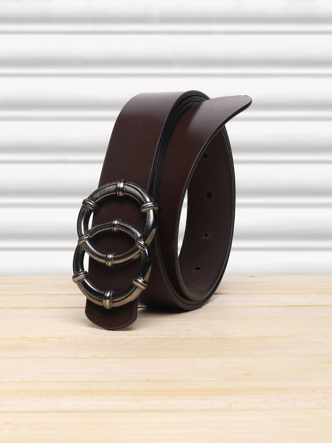 Teakwood Genuine Brown Leather Belt Round Shape Black Tone Buckle