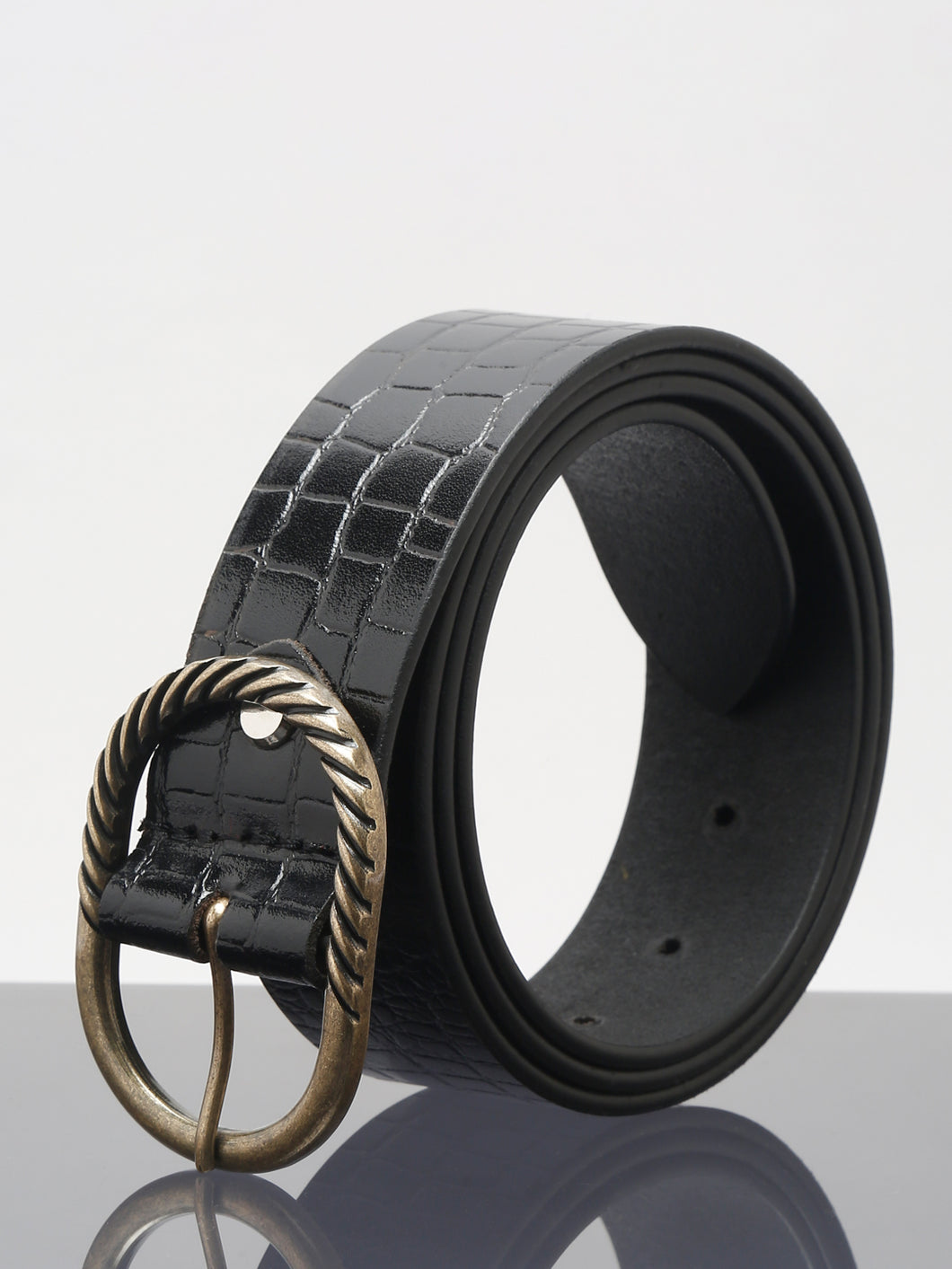 Teakwood Leathers Vintage Women Black Croco Texture Leather Belt (One Size)