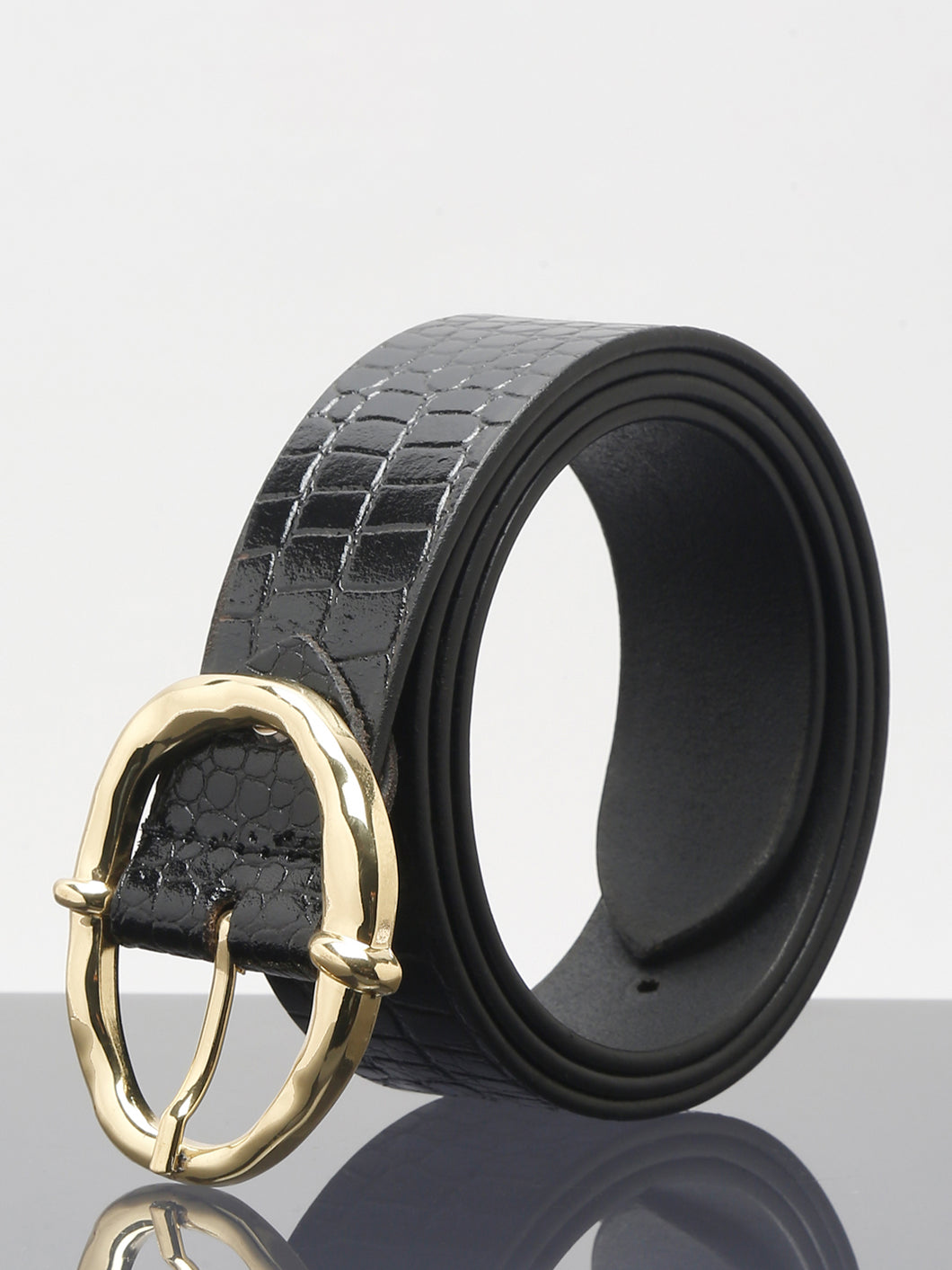 Teakwood Leathers Women Black Croco Texture Leather Belt (One Size)