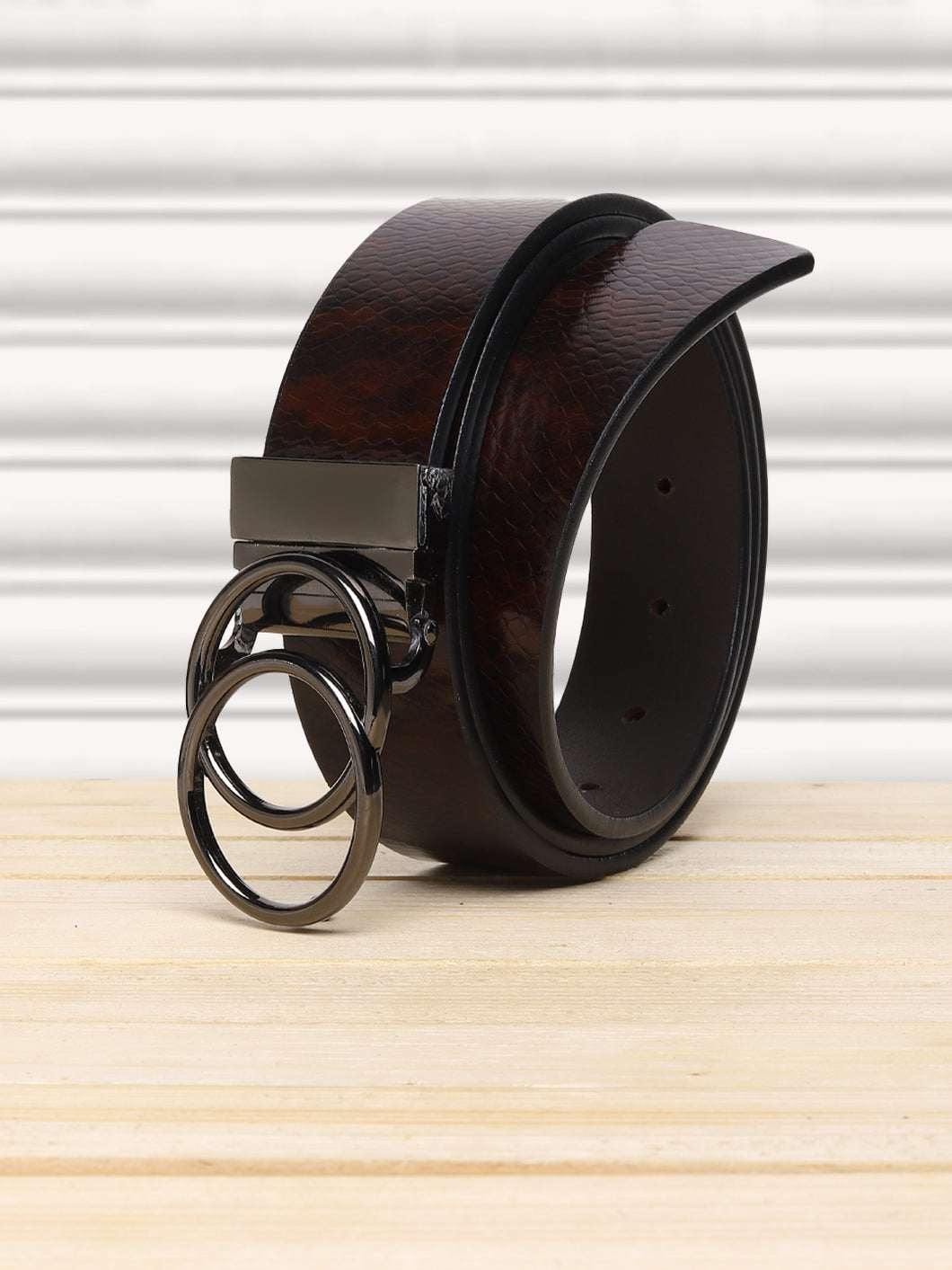 Teakwood Genuine Black Receivable Belt Round Shape Black Tone Buckle (One Size)
