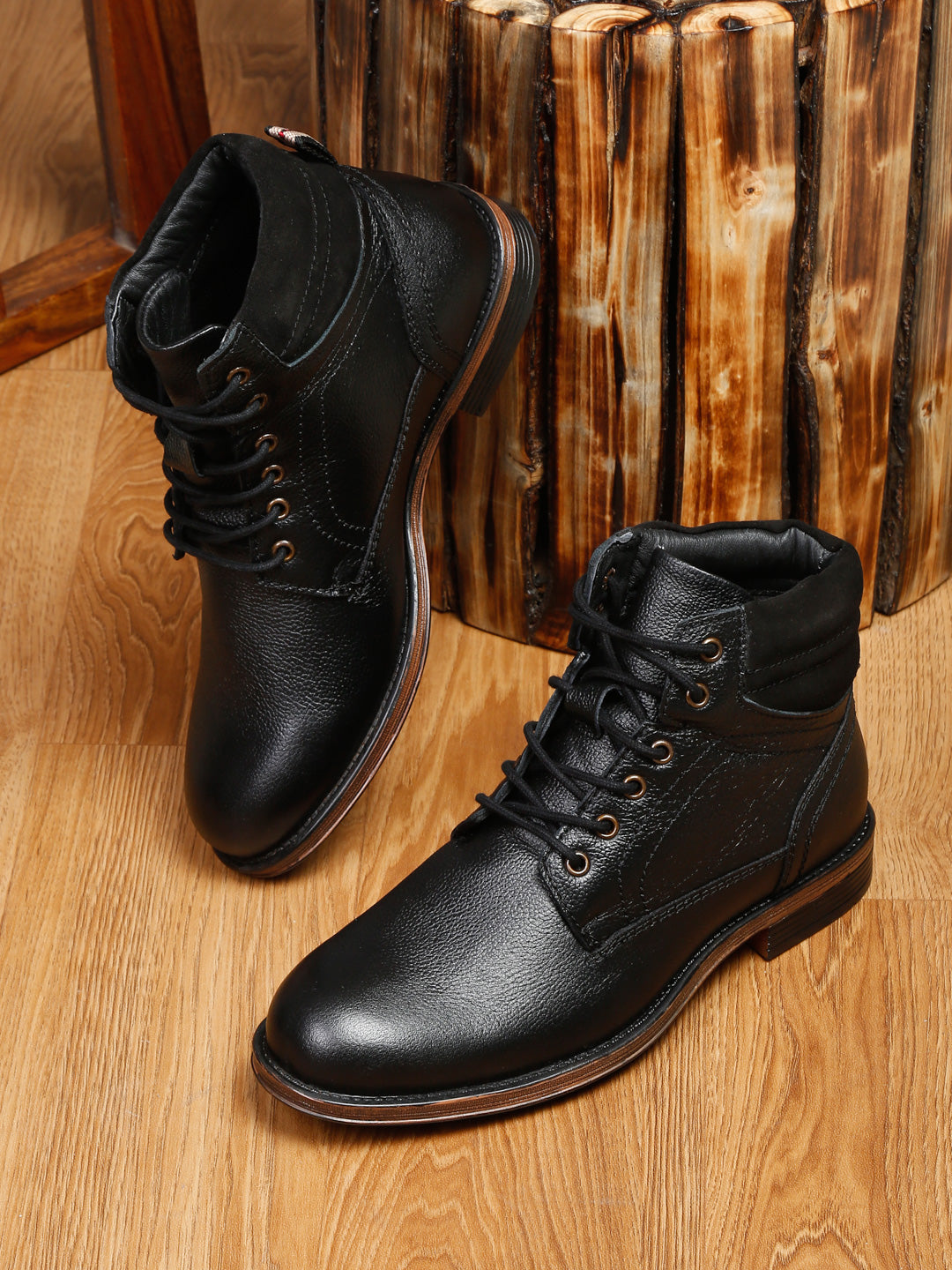 Men Black Solid Genuine Leather Mid-Top Laceup Boots โ Teakwood