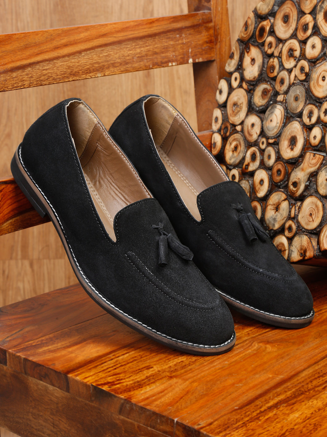 Teakwood Leather Men Solid Black Round-Toe Tasseled Loafers