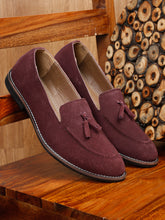 Load image into Gallery viewer, Teakwood Leather Men Solid Purple Round-Toe Tasseled Loafers - Clearance sale

