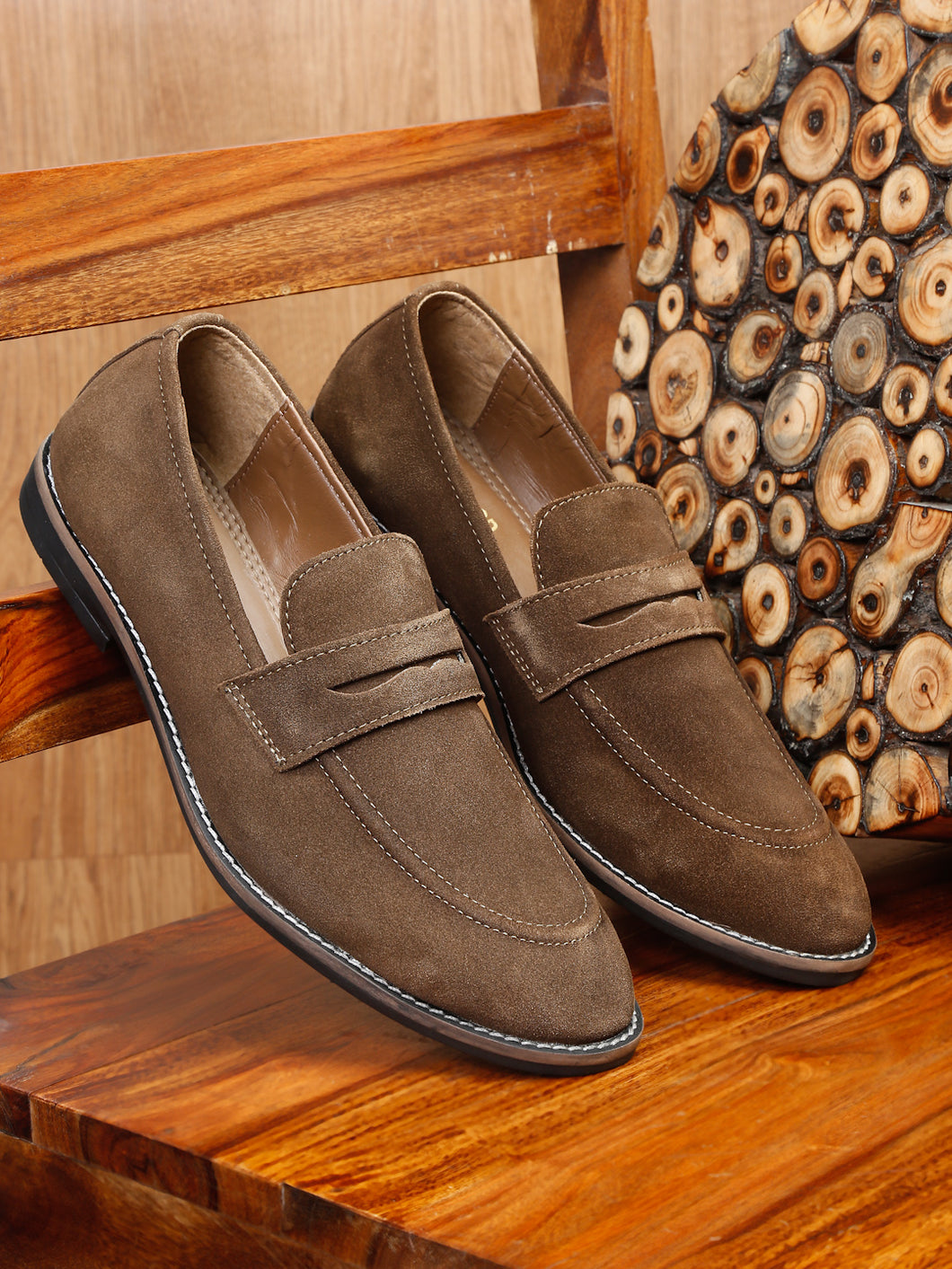 Teakwood Leather Men Solid Round-Toe Olive Loafers