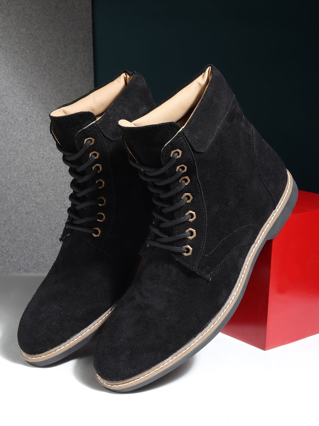 Teakwood Men Black Solid Round Toe Suede Mid-Top Flat Lace-up Boot