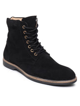 Load image into Gallery viewer, Teakwood Men Black Solid Round Toe Suede Mid-Top Flat Lace-up Boot
