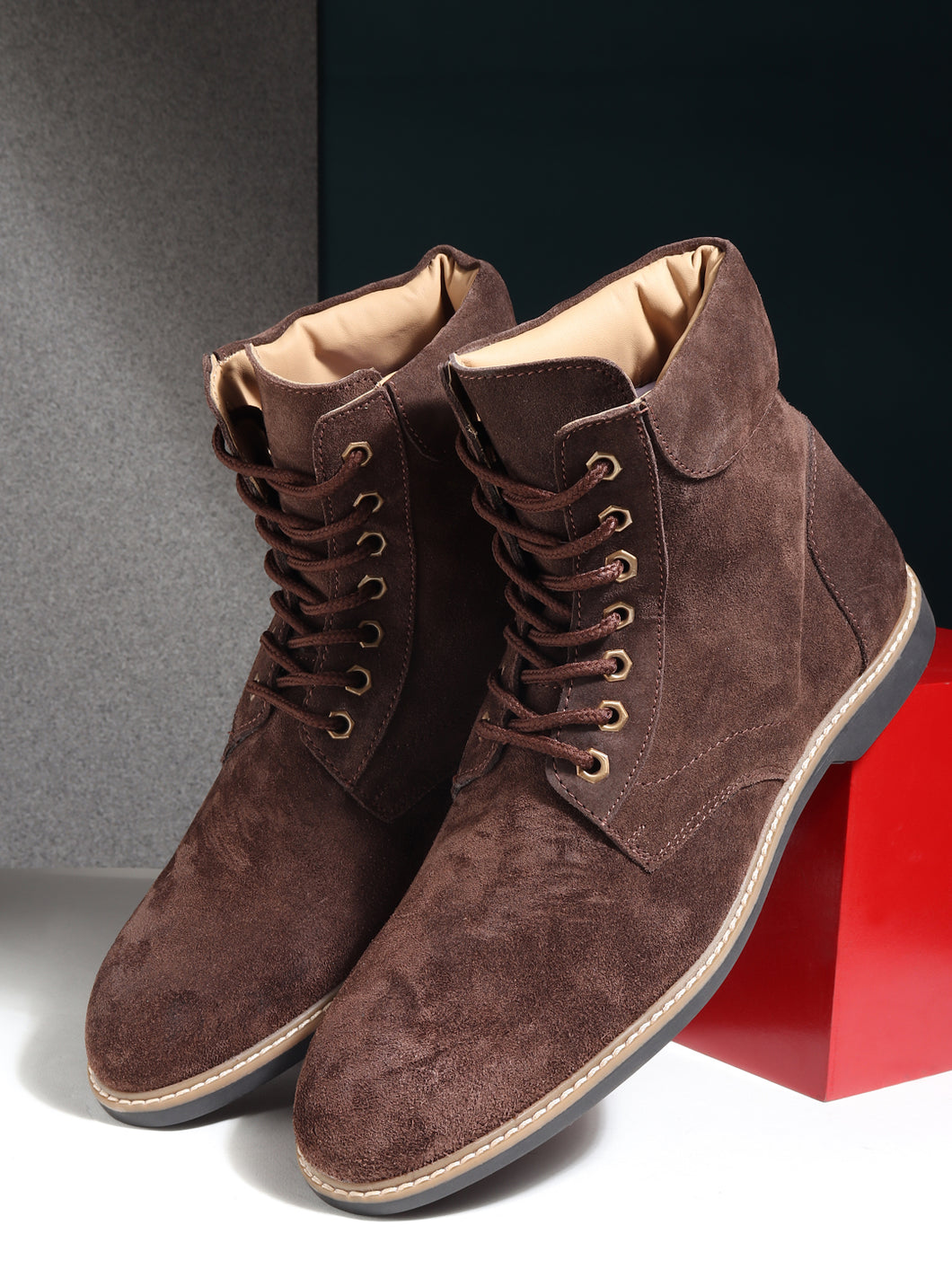 Teakwood Men Brown Solid Round Toe Suede Mid-Top Flat Lace-up Boot