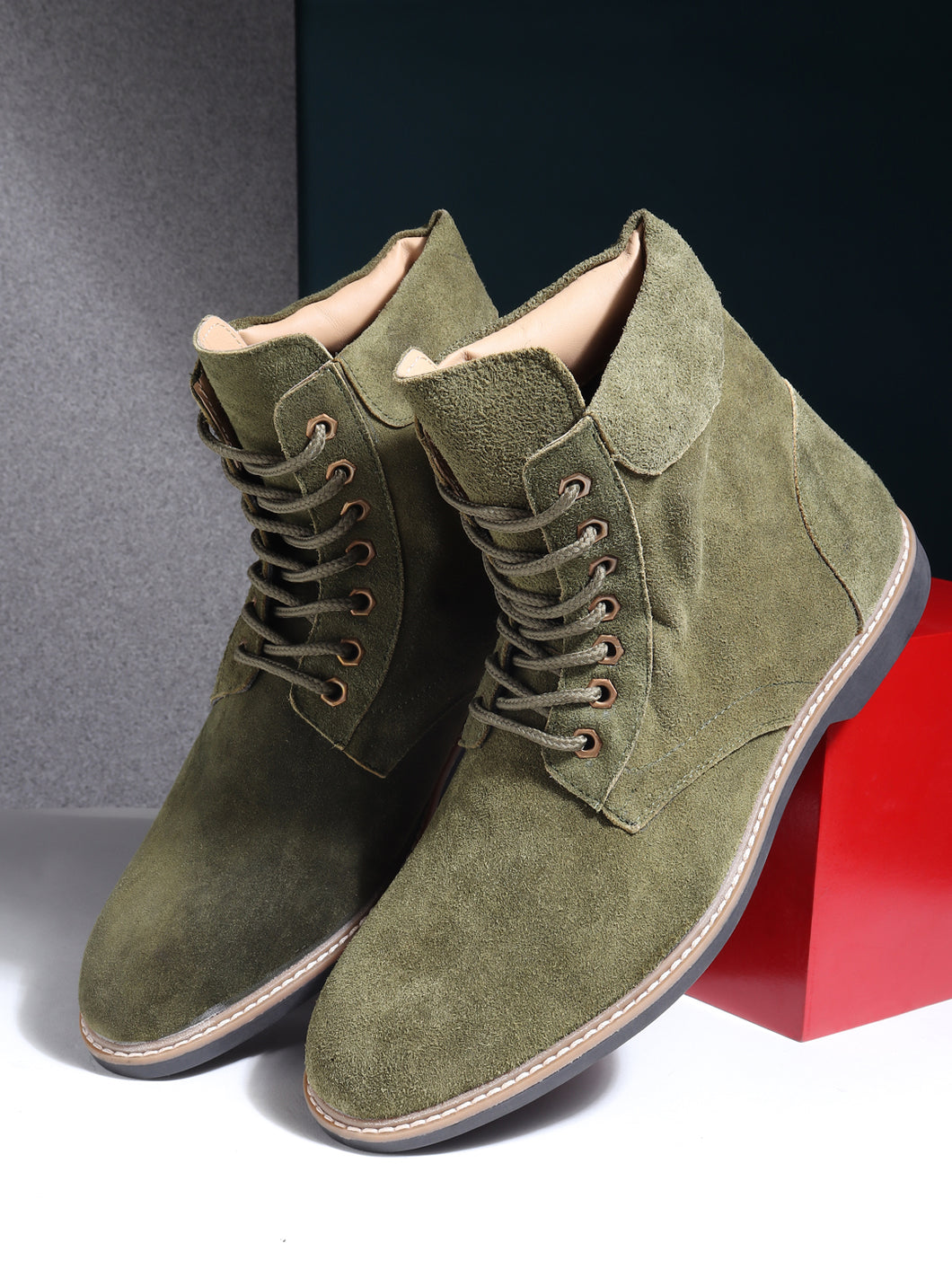 Teakwood Men Olive Solid Round Toe Suede Mid-Top Flat Lace-up Boot