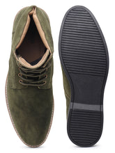 Load image into Gallery viewer, Teakwood Men Olive Solid Round Toe Suede Mid-Top Flat Lace-up Boot
