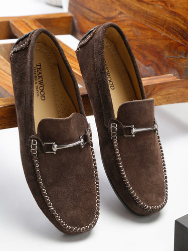 Men Brown Solid Suede Casual Loafers