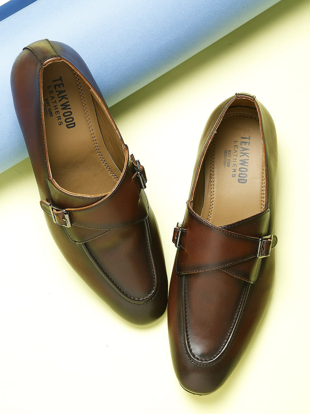 Men Brown Solid Leather Round Toe Formal Monks