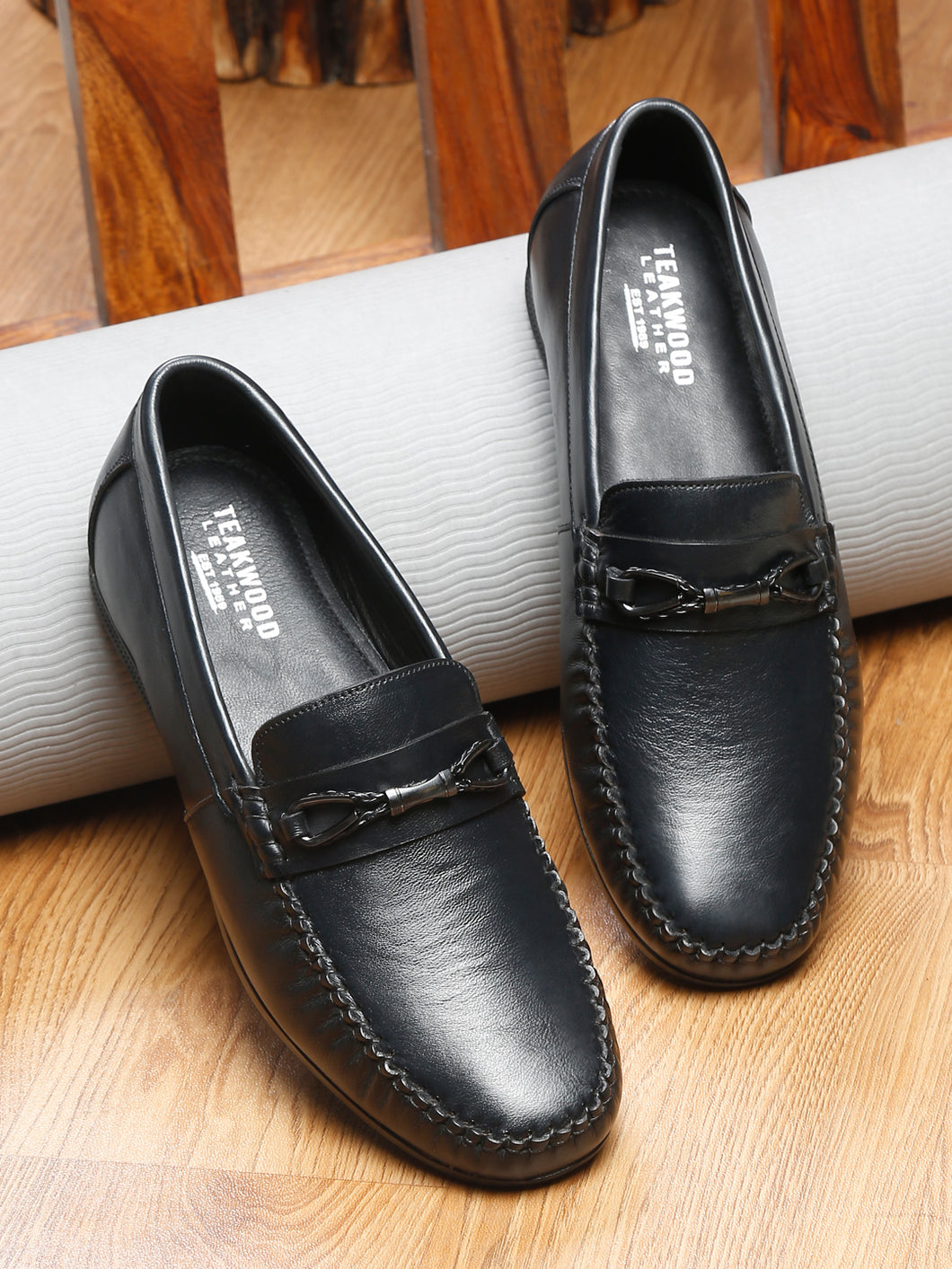 Men Black Solid Leather Formal Slip-On
