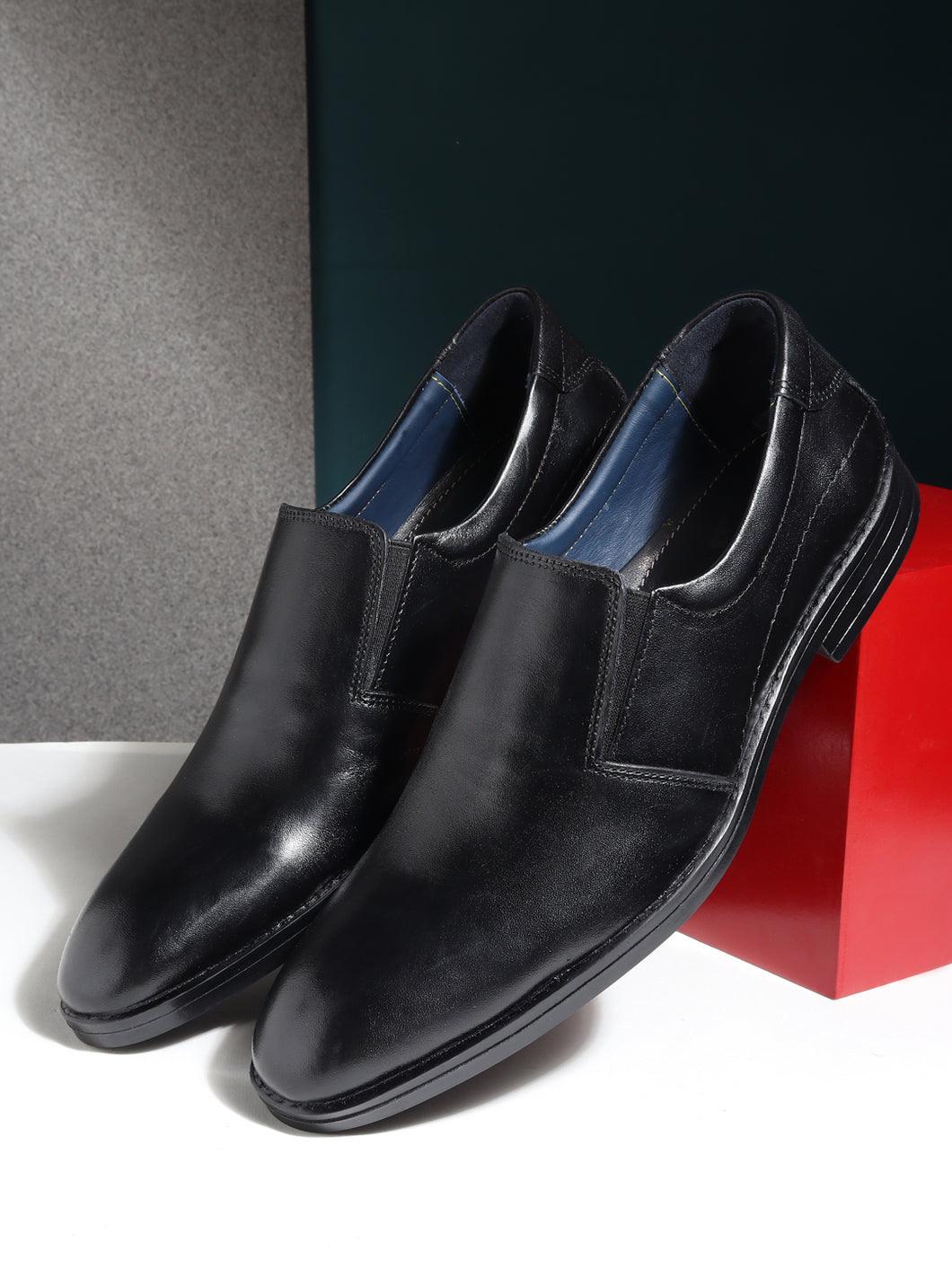 Teakwood Genuine Leather Black Slip On Shoes for Men