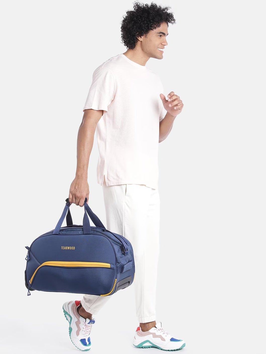 Navy Blue & Yellow Brand Logo Print Medium Duffel Trolley Bag