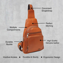 Load image into Gallery viewer, Teakwood Genuine Leather Cross Body Sling Messenger Bag || Lightweight Backpack Chest Shoulder Bags for Travelling, Hiking, Cycling (Tan)
