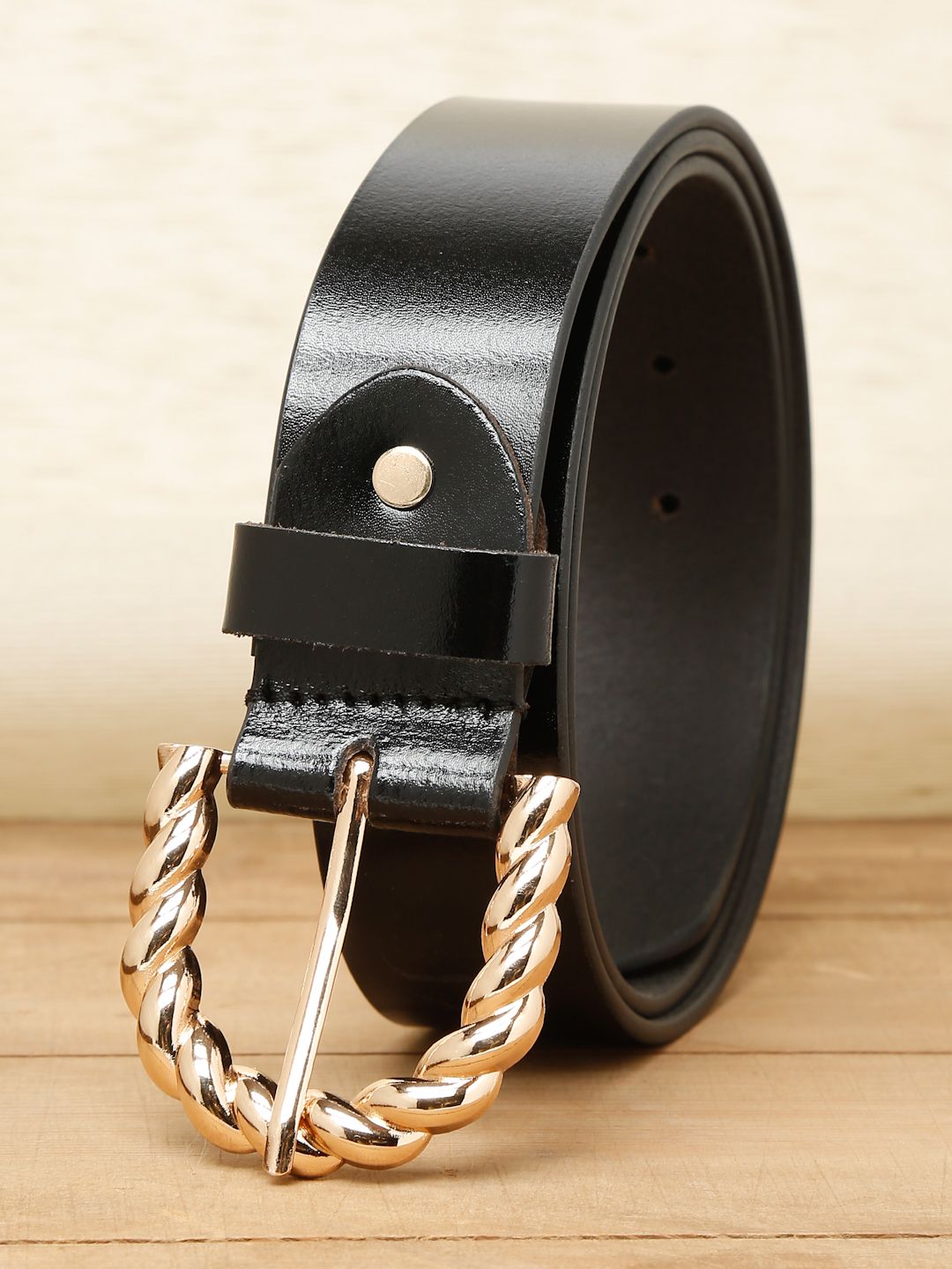 Women Black Solid Gold-Toned Buckle Genuine Leather Belt (One Size)