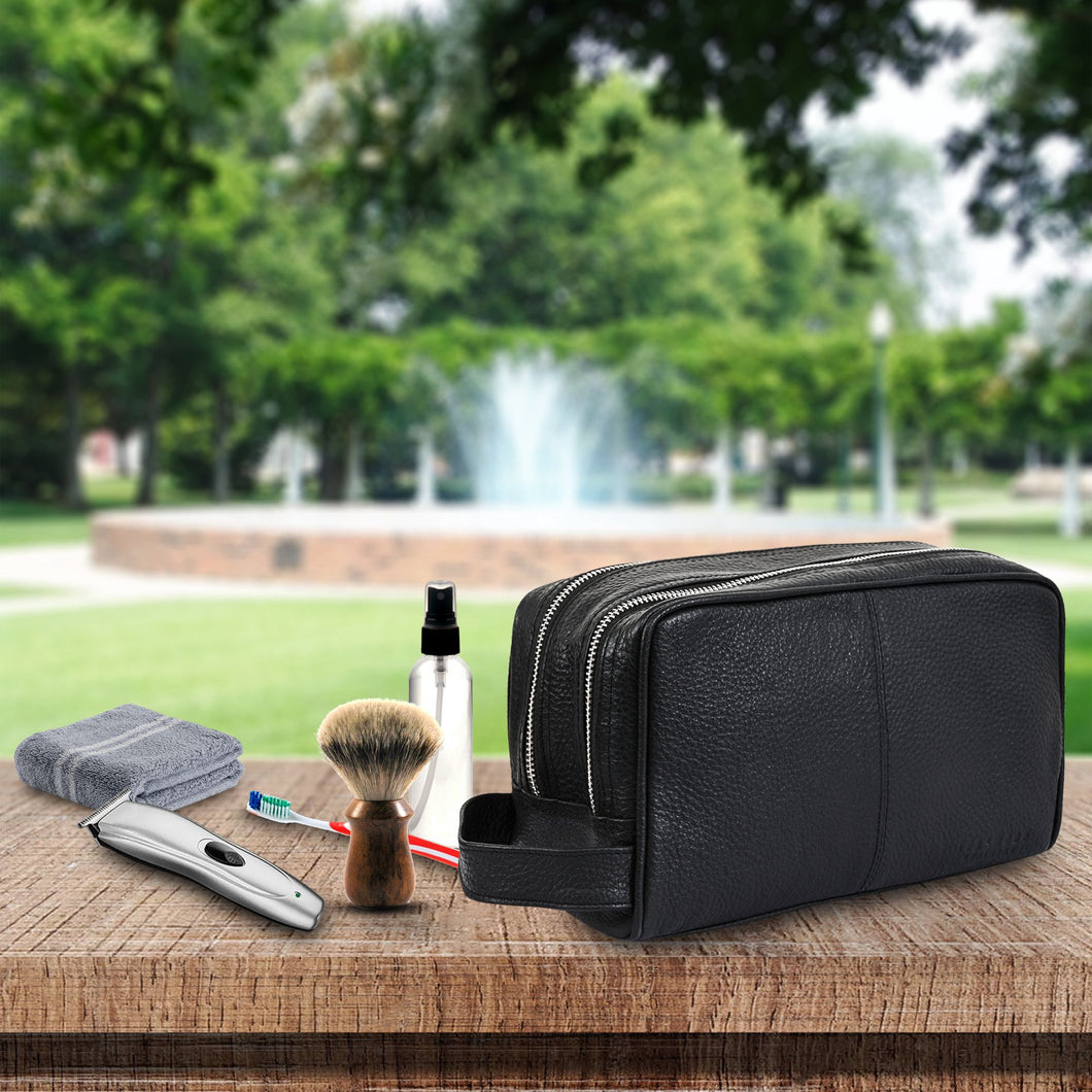 Unisex Black Solid Genuine Leather Travel Toiletry Kit Bag