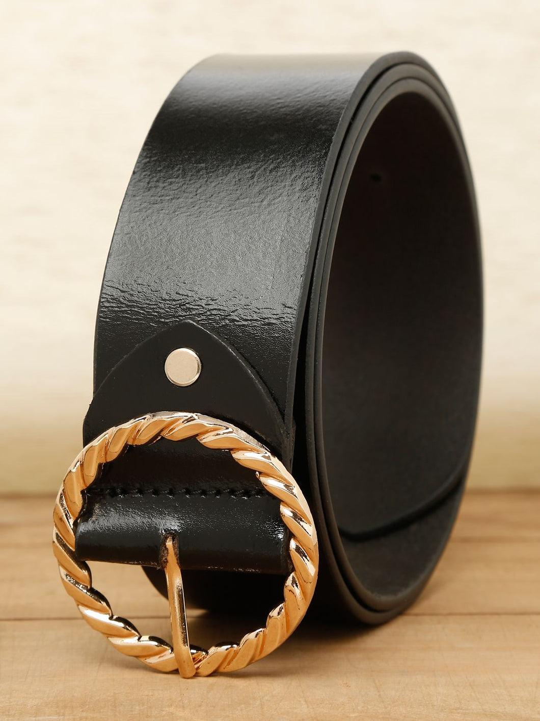 Women Black Solid Gold-Toned Buckle Genuine Leather Belt