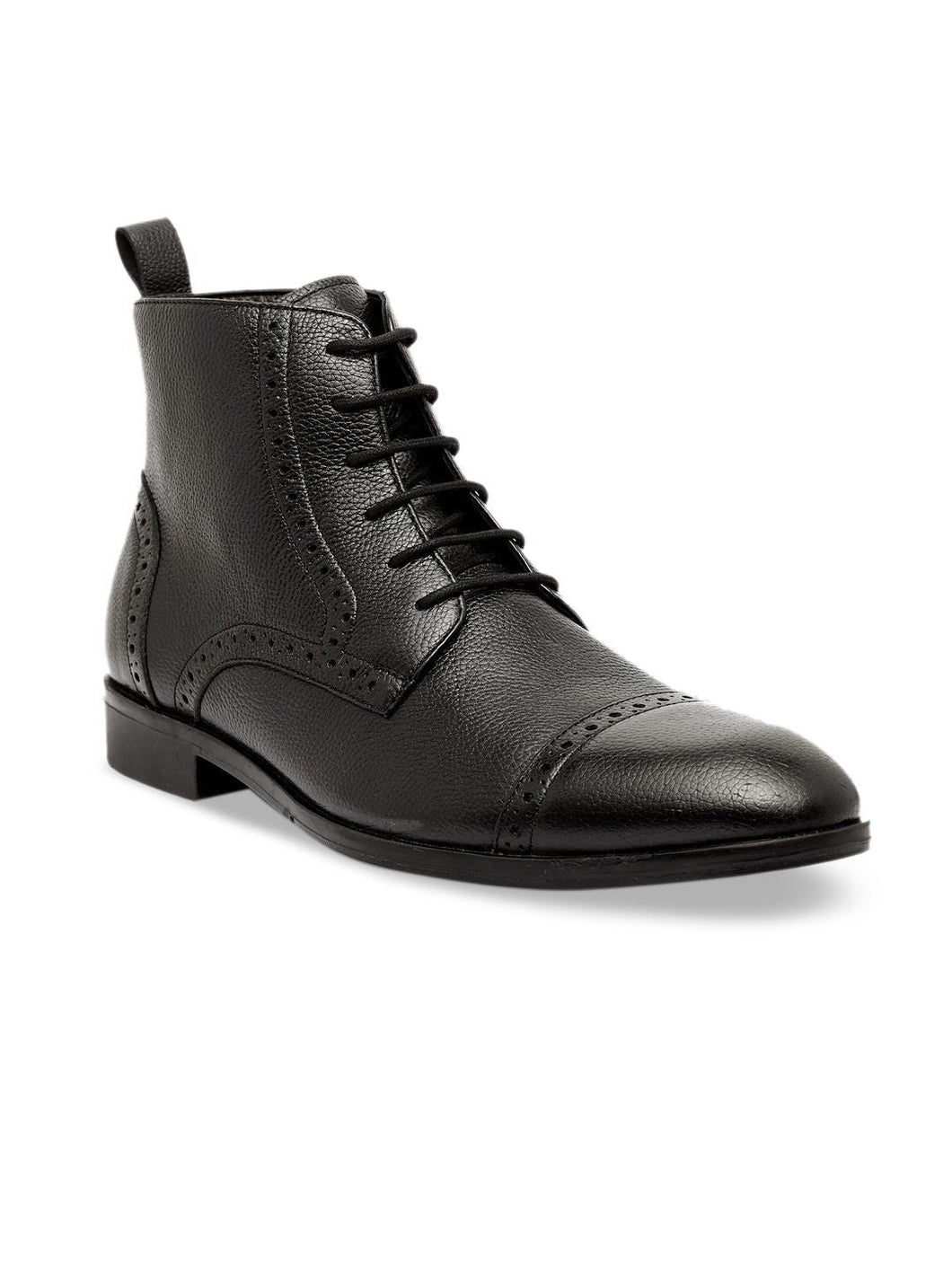 Men Black Solid Leather Round Toe Mid-Top Flat Boots
