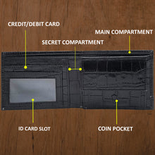 Load image into Gallery viewer, Teakwood Unisex Genuine Leather Black Bi Fold RFID Solid Wallet with Stitch Embroidery||Textured Black color 100% Genuine Leather Men&#39;s Wallet||Unisex Leather Bi Fold Wallet
