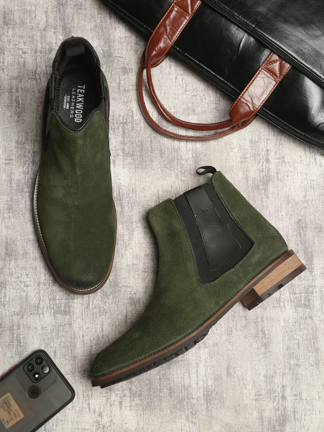 Teakwood Men Olive Solid Suede Leather High-Top Flat Boots